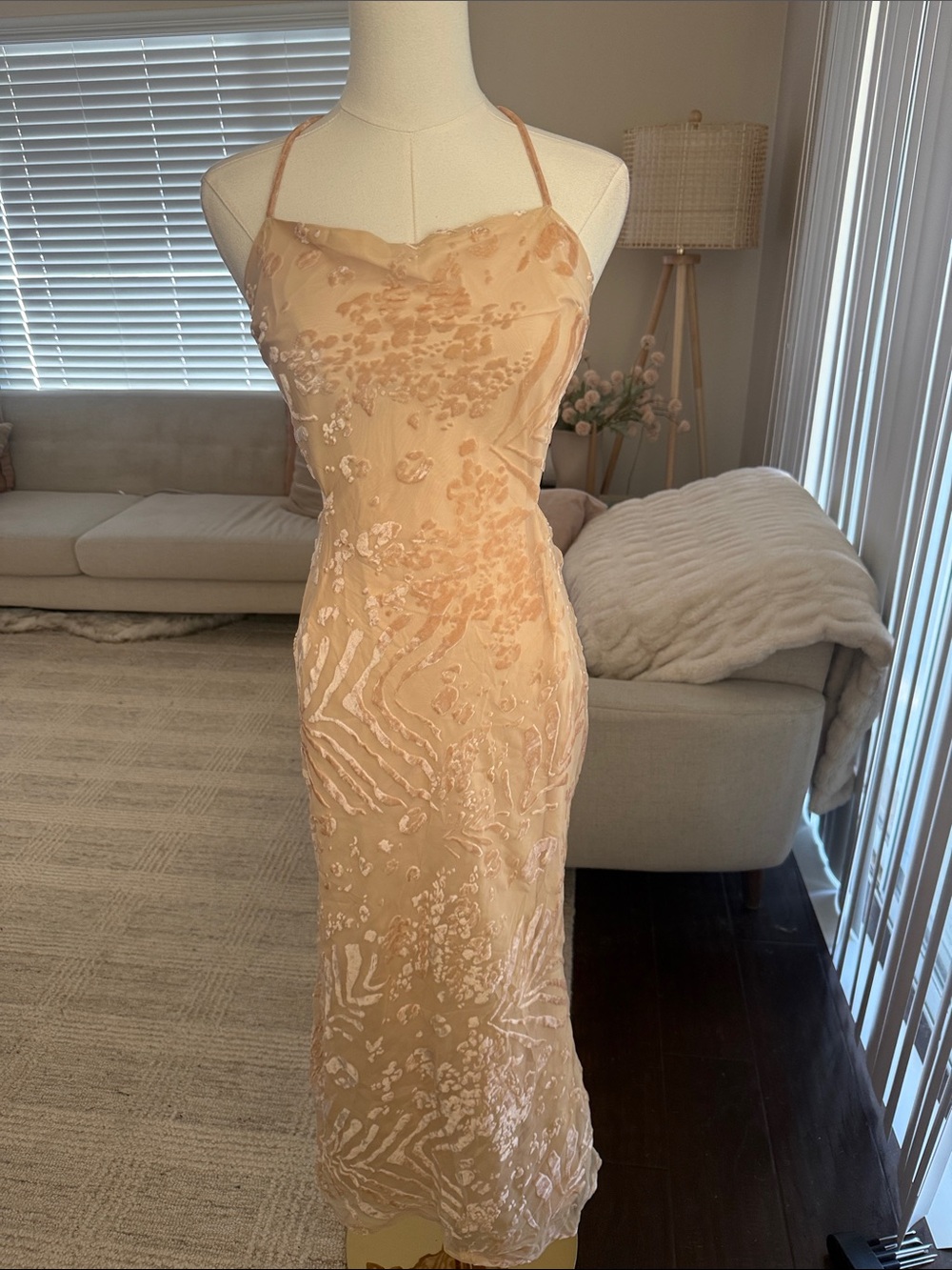 Embellished Halter Midi Dress in Peach